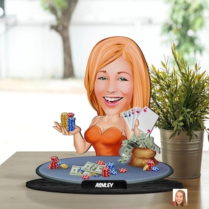 Gepersonaliseerde 3D houten cartoon gokker beeldje trinket, aangepaste cartoon pokerspeler portret, verjaardagscadeau, kerstcadeau, cadeau voor haar