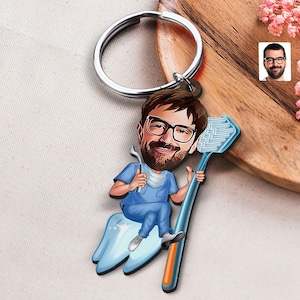 Keychain with Personalized Dentist Caricature, Gift for Him, Custom Cosbaby Key Chain, Boyfriend Gift, Cartoon Portrait, Bobblehead image 1