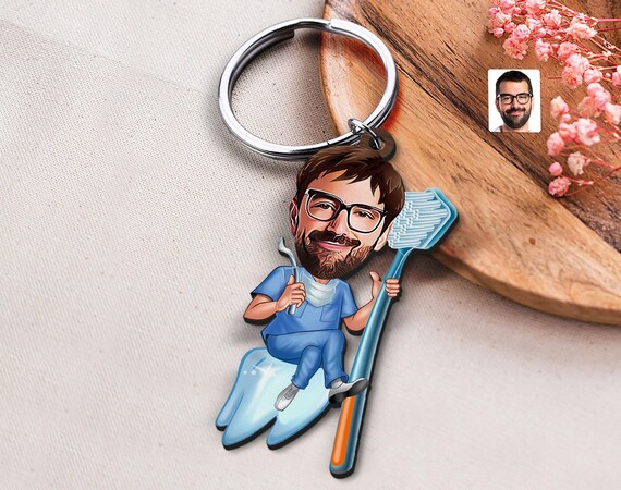 Keychain with Personalized Dentist Caricature, Gift for Him, Custom Cosbaby Key Chain, Boyfriend Gift, Cartoon Portrait, Bobblehead
