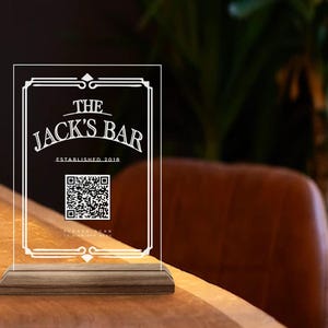 Letrero de menú con código QR hecho a medida, letrero de menú de bar y restaurante de madera natural y acrílico personalizado, letrero de código QR para cafetería, decoración de mesa con código QR