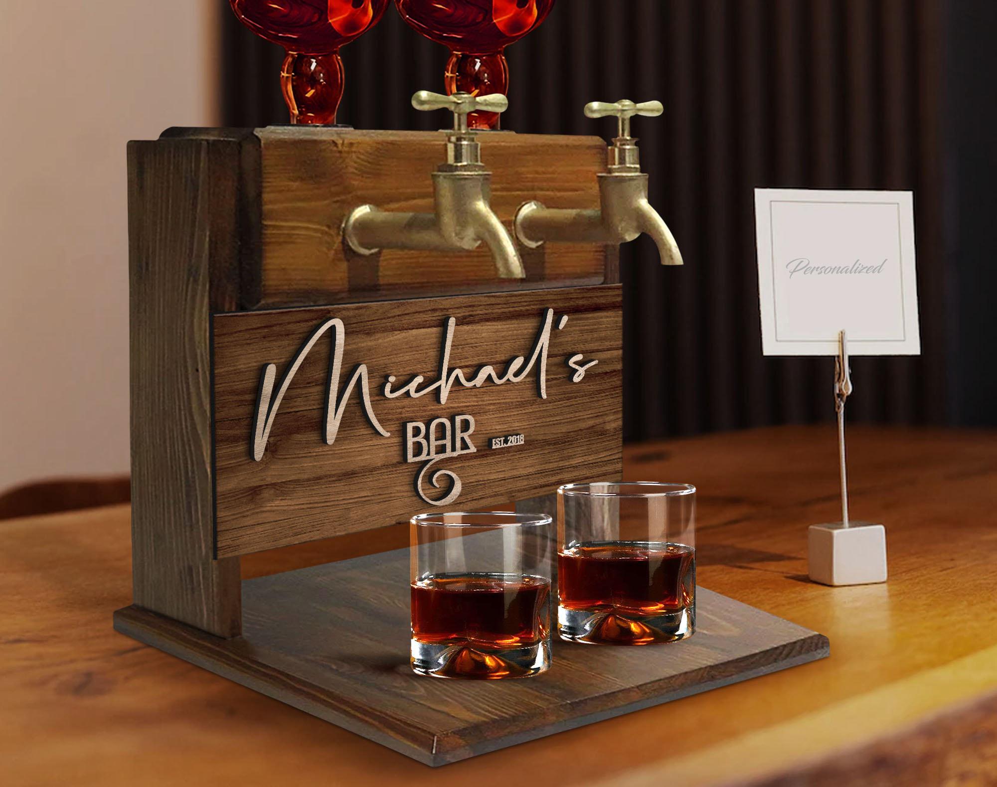 Personalized Embossed Named Wooden Double Faucet Whiskey Dispenser, Bar, Home Bar, Pub and Pub Shed, Wine, Vodka, Liquor Dispenser, Fountain
