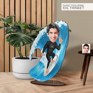 Spersonalizowana 3D drewniana figurka Surfera z kreskówki, duża figurka, spersonalizowany portret karykatury, prezent dla niego, wystrój domu, prezent urodzinowy