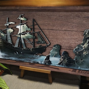 Handmade 3D Oak Tree Pirate Ship / Sailboat Wood Painting, Custom Wood Wall Art, Home Decor, Wall Decor, Office Decor, Wedding Gift