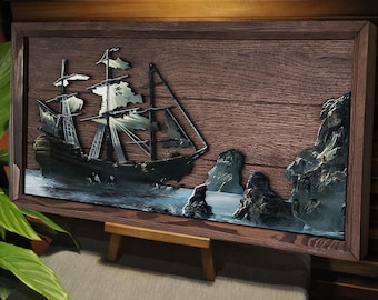 Handmade 3D Oak Tree Pirate Ship / Sailboat Wood Painting, Custom Wood Wall Art, Home Decor, Wall Decor, Office Decor, Wedding Gift