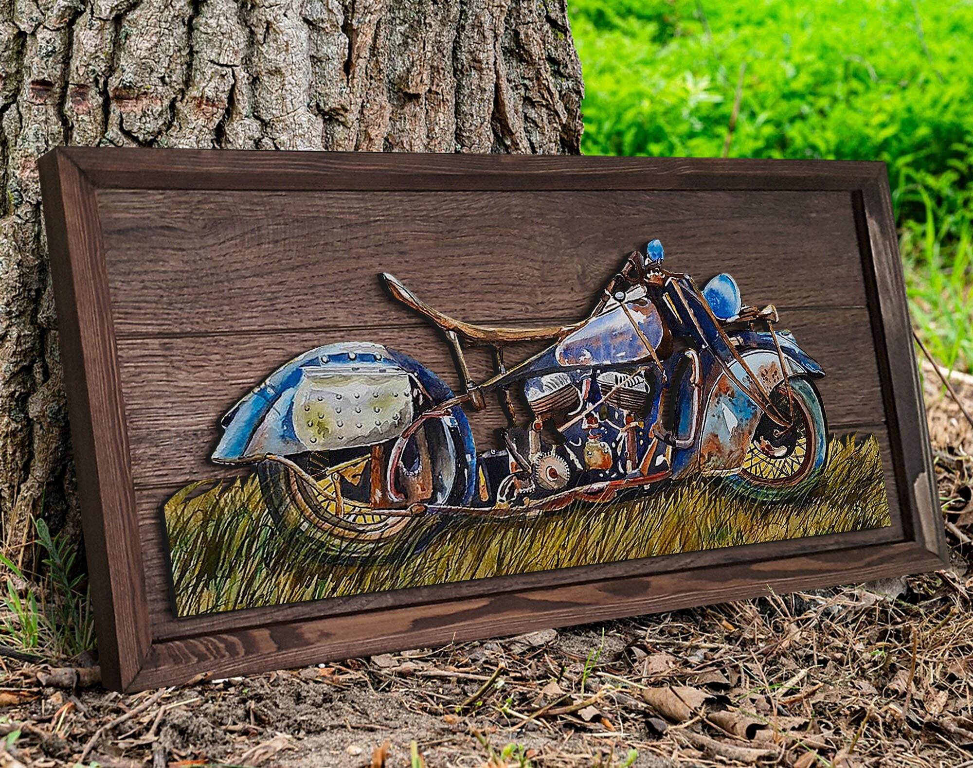 Handmade 3D Oak Tree Vintage Motorcycle Wood Painting, Custom Wood