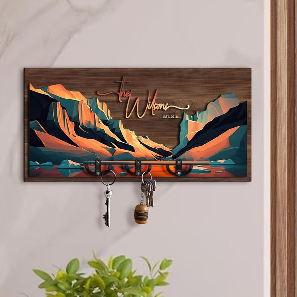 Organisateur d'entrée de peinture de paysage en bois 3D personnalisé, porte-clés, organisateur de courrier en bois, décoration d'intérieur, cadeau de mariage, art mural en bois