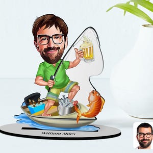 Aangepaste cartoon visser B, aangepaste vangst visser figuur, vissen gepersonaliseerd cadeau, beste cadeau voor visser, 3D houten snuisterij