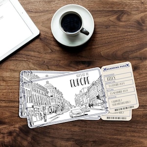 Europe Trip Surprise Gift Ticket, Personalized Printable Flight Boarding Pass with Photo, Editable Flight Ticket, Custom Digital Download