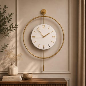 May include: A wall clock featuring a circular gold metal frame surrounding a white circular face. The clock has gold hands and gold numerals at the 12, 3, 6, and 9 positions, with gold markers for other hours. A gold pendulum hangs from the bottom.