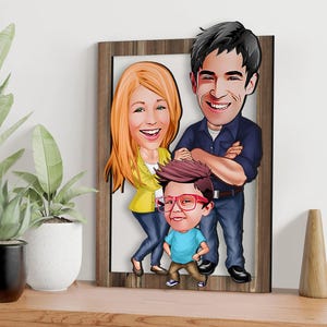 Niestandardowy portret rodzinny, karykatura, spersonalizowana karykatura 3D, drewniana sztuka ścienna, niestandardowa kreskówka, prezent rocznicowy dla matki, ojca lub dla niego 1