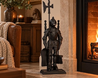 Gothic Fireplace Tool Set, Matte Black Cast Iron Poker, Tongs and Shovel, Fireside Decor