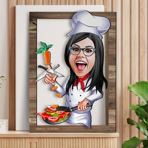 Gepersonaliseerde 3D houten tekenfilm chef-kok muurkunst, aangepaste cartoon portret, woondecoratie, verjaardagscadeau, kerstcadeau, jubileumcadeau
