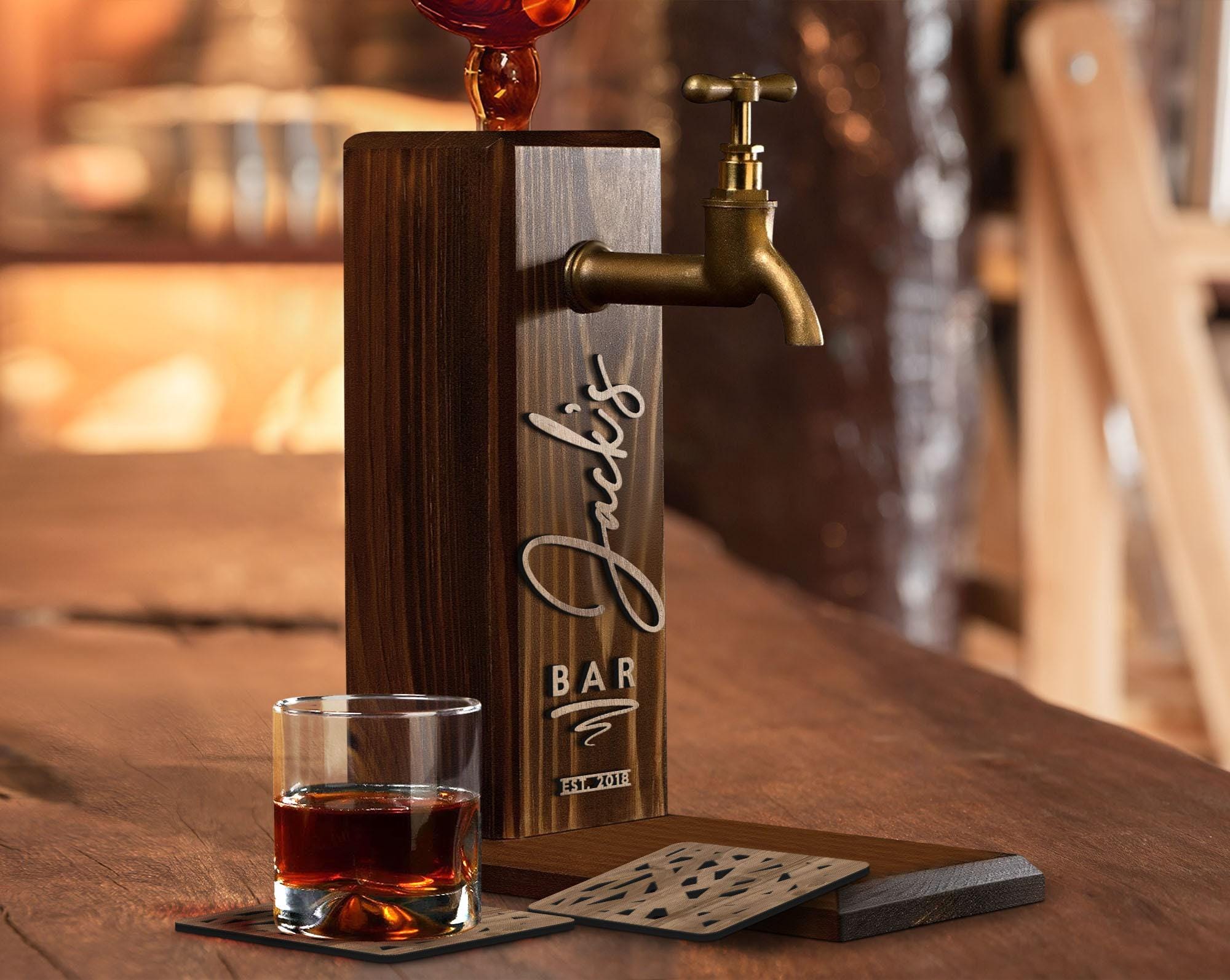 Personalized Embossed Named Wooden Whiskey Dispenser and Wood Coasters Set, Bar, Pub, Wine, Vodka, Liquor Dispenser, Wood Whiskey Fountain