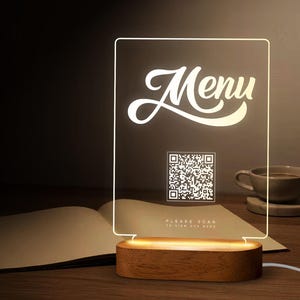 Custom LED Qr Code Menu Sign, LED Decor with Natural Wood Base, Personalized LED Night Light Decor, Bar Sign, Rastaurant Cafe Qr Menu Sign