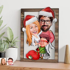 Personalizowany 3D drewniany rysunek z motywem rodzinnym na Boże Narodzenie, spersonalizowany portret z kreskówki, prezent na Boże Narodzenie, wesołych świąt, prezent dla rodziny
