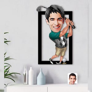 Decoração de parede personalizada de tênis de desenho animado, golfe, impressão em madeira 3D, pintura de parede com corte personalizado 3D, presente para jogador de golfe, presente para amigo,
