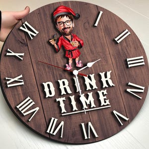 Personalized Cartooned Drink Time Big 3D Wooden Wall Clock, Oversized Clock, Custom Large Wall Clock, Unique Wall Clock, Rustic Home Decor