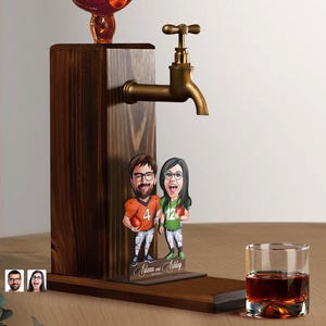 Personalized Wooden Whiskey Dispenser with Cartoon American Football Couple Figurine, Wine, Vodka, Alcoholic Dispenser, Whiskey Fountain
