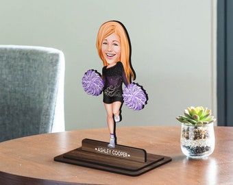 Personalized 3D Wooden Cartoon Cheerleader Figurine Trinket, Christmas Gift, Custom Cartoon Portrait, Birthday Gift, Gift for Her
