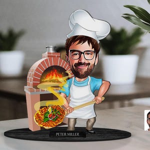 Spersonalizowana figurka 3D z drewna z kreskówkową postacią producenta pizzy, spersonalizowany portret piekarza z kreskówek, prezent urodzinowy, prezent świąteczny, prezent dla niego