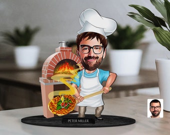 Personalized 3D Wooden Cartooned Pizza Maker Figurine Trinket, Custom Cartoon Baker Portrait, Birthday Gift, Christmas Gift, Gift for Him