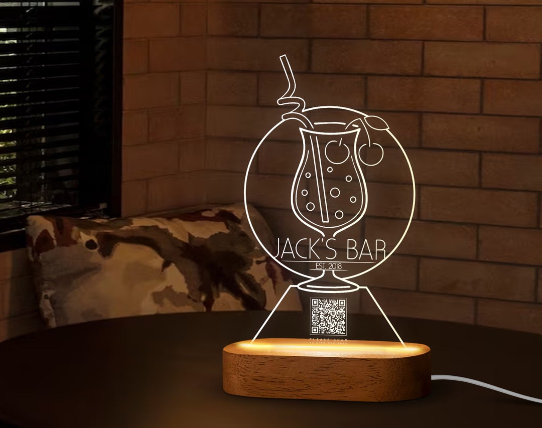 Qr Code Table Led Custom LED Qr Code Menu Sign, LED Decor With Natural Wood Base ...