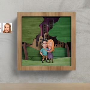 Aangepaste handgemaakte 7-laags lasergesneden paar cartoon 3D houten schaduwdoos - Houten kunst - Gepersonaliseerd speciaal cadeau