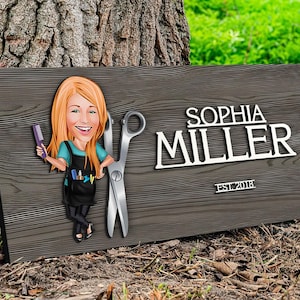 Personalized 3D Wooden Named Cartooned Hairstylist Sign, Hairdresser Portrait, Custom Wood Wall Art, Rustic Home Decor, Christmas Gift