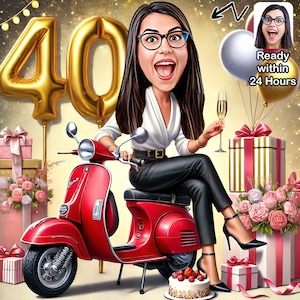 Personalized 40th Cartoon Portrait, 40th Birthday Caricature, Birthday Caricature, Custom Birthday Gift, Funny Gift, Digital Birthday Card