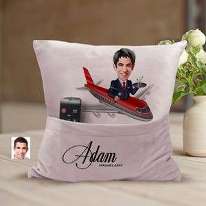 Personalized Air Steward Cartoon Pillow with Pockets, Custom Caricature Portrait Fluffy Pillow, Personalized Gift, Home Decor, Gift for Him