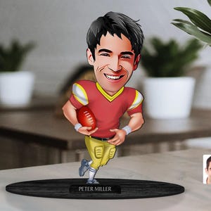 Figurina di giocatore di football in legno 3D personalizzata, ritratto di cartone animato personalizzato, regalo di compleanno, regalo di Natale, regalo per lui