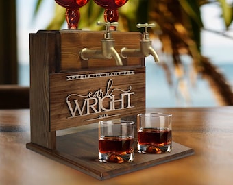 Personalized Embossed Named Wooden Double Faucet Whiskey Dispenser, Bar, Home Bar, Pub and Pub Shed, Wine, Vodka, Liquor Dispenser, Fountain