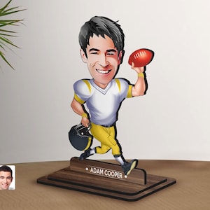 Figurina di football americano in legno 3D personalizzata, regalo di Natale, ritratto di cartone animato personalizzato, regalo di compleanno, regalo per lui
