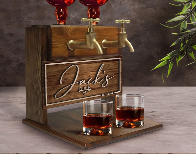 Customizable Embossed Name Wooden Whiskey Dispenser, Wood Dispenser, Liquor Dispenser, Whiskey Fountain, Beverage Dispenser, Drink Dispenser, jack daniels, whiskey man, whiskey brand, whiskey gift, bar decor, Bar Sign, custom bar, Pub, Home Bar,