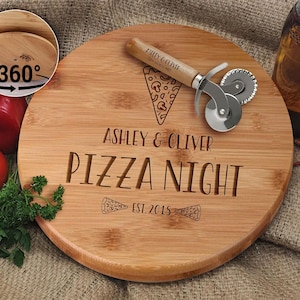 Pizza Board with Name Bamboo Wooden Turntable, Pizza Cutting Board Set, Delicatessen Board, Serving Tray, Wooden Plate, Housewarming Gift