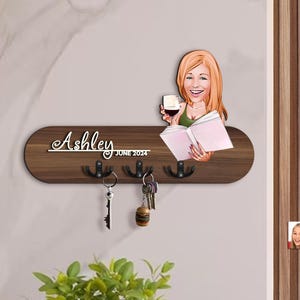 Gepersonaliseerde 3D hout cartoon portret organisator hal, aangepast karikatuurportret, houten sleutelhouder, houten muurhanger, cadeau voor haar