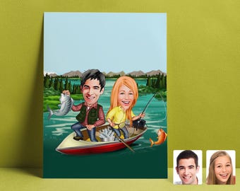 May include: A cartoon illustration of a couple fishing in a small boat on a lake. The man holds a large fish, while the woman casts a fishing rod. The boat is red and white, and the background features trees and mountains.