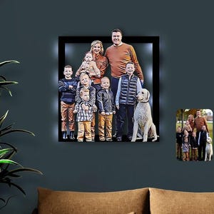 Personalisierte Familienkarikatur in voller Größe, 3D-LED-Lichtholzbild, einzigartiges Geschenk für die Familie, Holzwandkunst