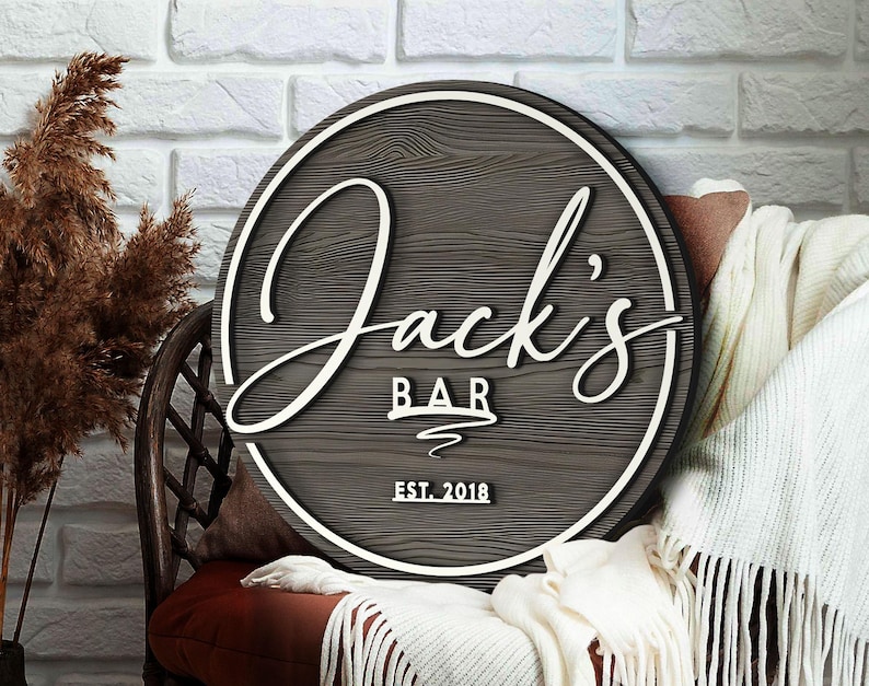 Enseigne de bar 3D personnalisée en bois en relief, Enseigne ronde en bois, Enseigne en bois personnalisée, Enseigne de bar pour la maison, Cabane, Homme des cavernes, Pub, Décoration de bar, Bar de sous-sol image 3
