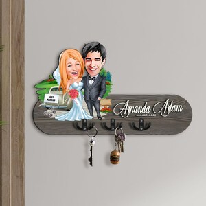 Gepersonaliseerde 3D-organizer houten hal met bruiloftscartoon, houten sleutelhouder, housewarmingcadeau, aangepaste karikatuur, huwelijkscadeau