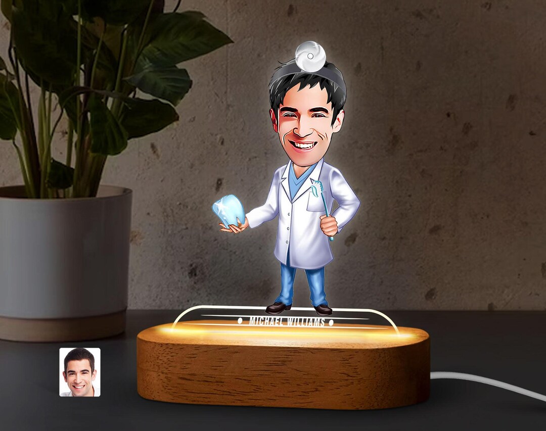 Personalized LED Light Cartoon Dentist Figurine With Natural Wooden ...