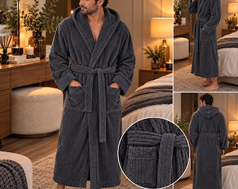 Luxury Charcoal Grey Plush Hooded Bathrobe, Spa-Style Long Robe (Unisex)