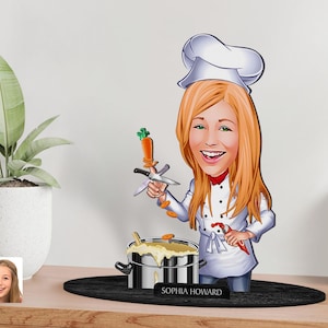 Spersonalizowana figurka szefa kuchni z drewna 3D z kreskówek, spersonalizowany portret szefa kuchni z kreskówek, prezent urodzinowy, prezent świąteczny, prezent dla niej