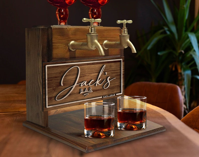 Customizable Embossed Name Wooden Whiskey Dispenser, Wood Dispenser, Liquor Dispenser, Whiskey Fountain, Beverage Dispenser, Drink Dispenser, jack daniels, whiskey man, whiskey brand, whiskey gift, bar decor, Bar Sign, custom bar, Pub, Home Bar,