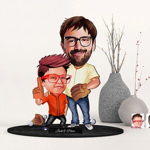 Gepersonaliseerde 3D houten cartoon vader en zoon honkbalspeler beeldje trinket, aangepast cartoonportret, familiecadeau, kerstcadeau