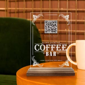 Letrero de menú con código QR hecho a medida, letrero de menú de bar y restaurante de madera natural y acrílico personalizado, letrero de código QR para cafetería, decoración de mesa con código QR