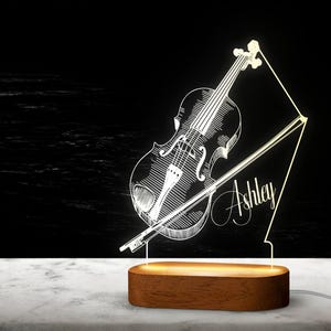Custom Violin Figure LED Night Light Decor with Natural Wood Base, Personalized Named LED Night Light, Home Decor, Birthday Gift, LED Decor