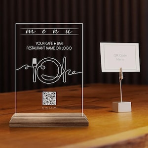Placa de menu de código QR personalizada, placa de restaurante de madeira natural e acrílico personalizada, placa de código QR para café, mesa de código QR e decoração de mesa