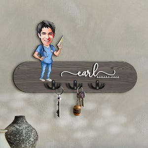 Personalized 3D Wood Entryway Organizer with Doctor Cartoon, Wooden Key Holder, Housewarming Gift, Custom Caricature, Anniversary Gift