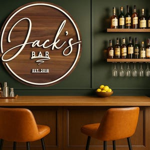 Personalized 3D Embossed Wooden Bar Sign, Round Wooden Sign, Custom Wood Sign, Home Bar Sign, Cabin, Man Cave, Pub, Bar Decor, Basement Bar